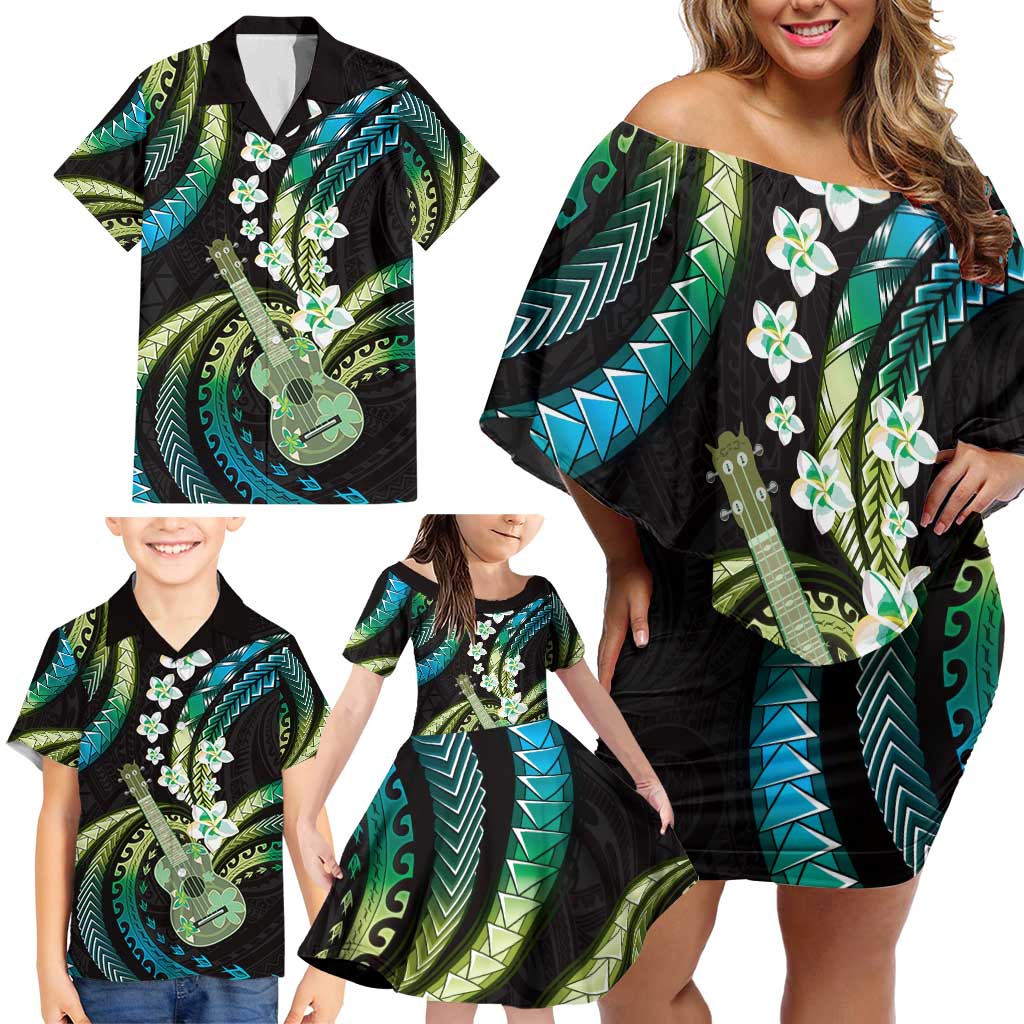 Hawaiian Ukulele Family Matching Off Shoulder Short Dress and Hawaiian Shirt Chartreuse Cyan Fantastic Plumeria LT01 - Polynesian Pride