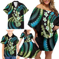 Hawaiian Ukulele Family Matching Off Shoulder Short Dress and Hawaiian Shirt Chartreuse Cyan Fantastic Plumeria LT01 - Polynesian Pride