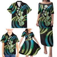 Hawaiian Ukulele Family Matching Puletasi and Hawaiian Shirt Chartreuse Cyan Fantastic Plumeria LT01 - Polynesian Pride