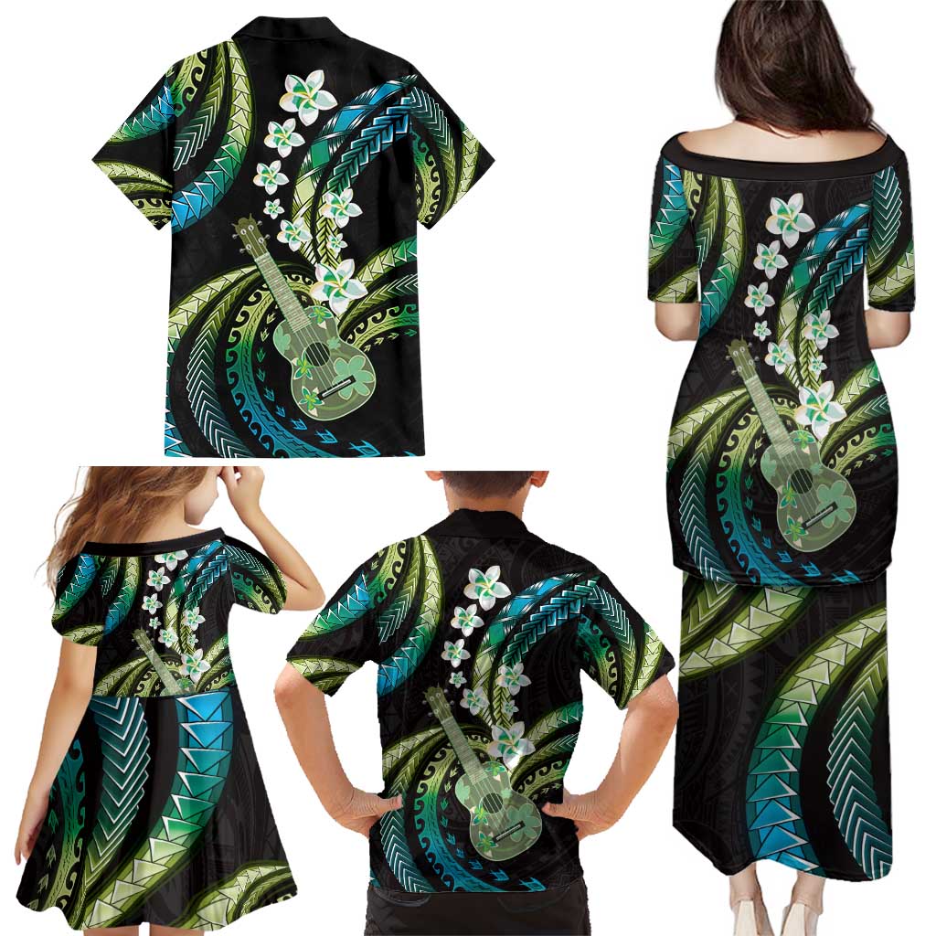 Hawaiian Ukulele Family Matching Puletasi and Hawaiian Shirt Chartreuse Cyan Fantastic Plumeria LT01 - Polynesian Pride