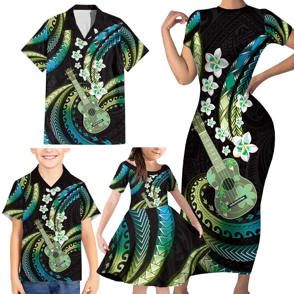 Hawaiian Ukulele Family Matching Short Sleeve Bodycon Dress and Hawaiian Shirt Chartreuse Cyan Fantastic Plumeria LT01 - Polynesian Pride