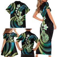 Hawaiian Ukulele Family Matching Short Sleeve Bodycon Dress and Hawaiian Shirt Chartreuse Cyan Fantastic Plumeria LT01 - Polynesian Pride