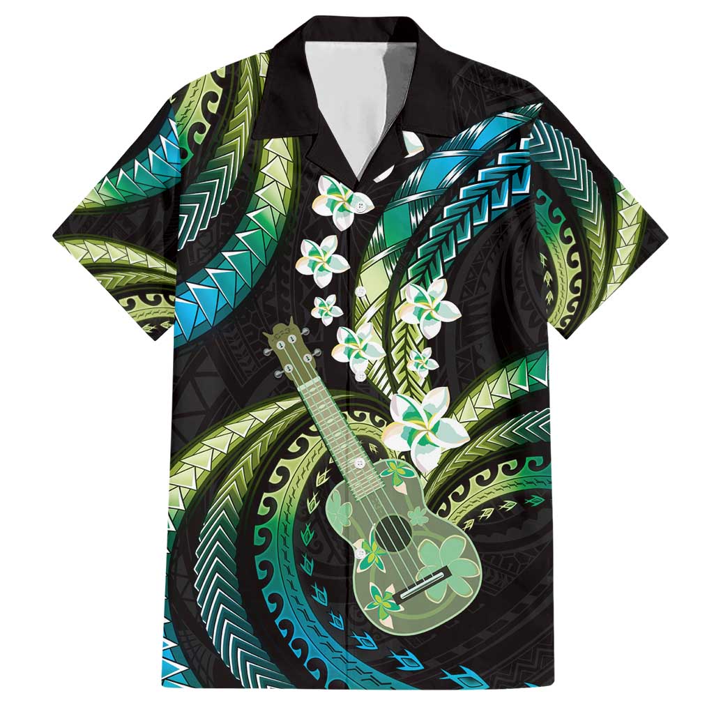 Hawaiian Ukulele Family Matching Short Sleeve Bodycon Dress and Hawaiian Shirt Chartreuse Cyan Fantastic Plumeria LT01 Dad's Shirt - Short Sleeve Cyan - Polynesian Pride