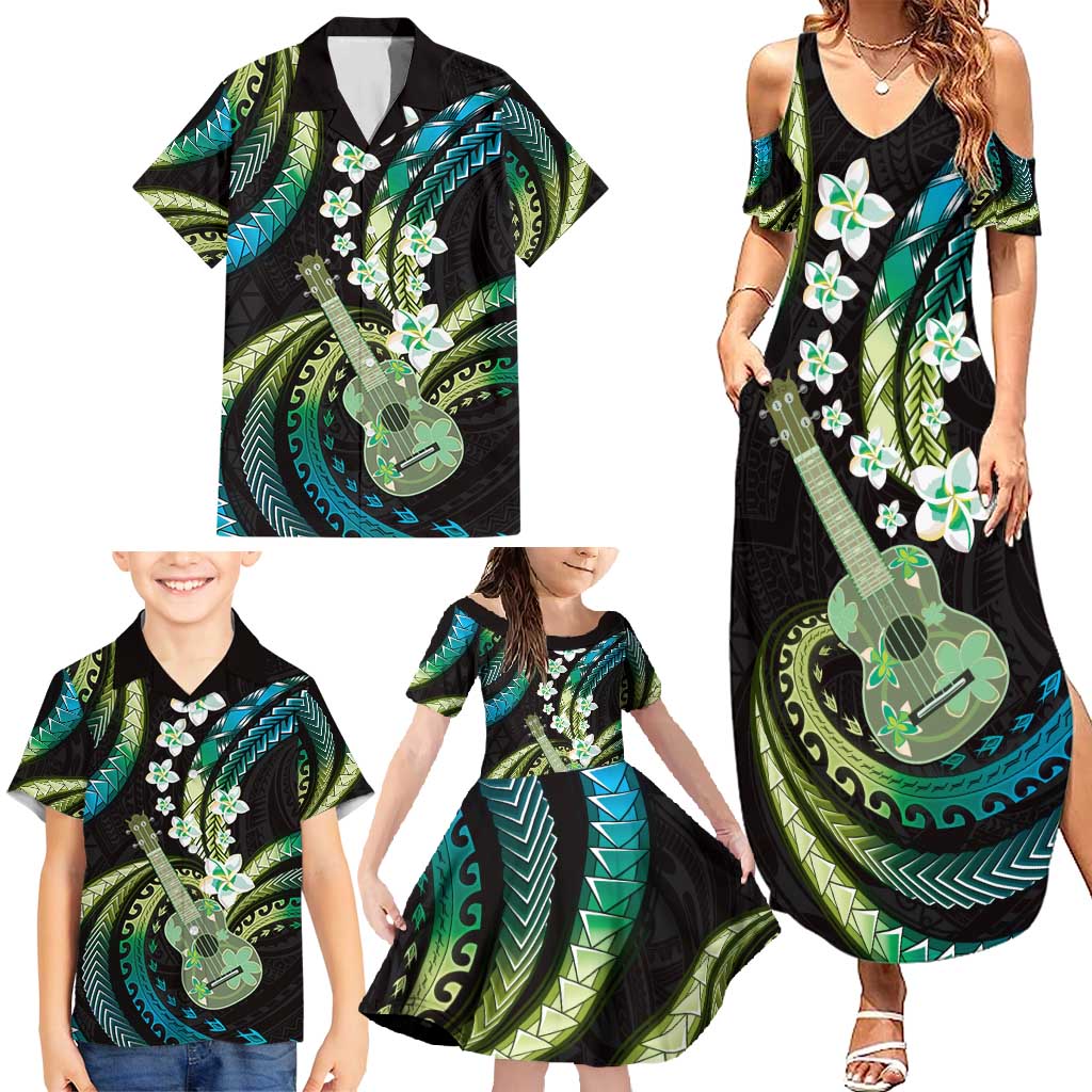 Hawaiian Ukulele Family Matching Summer Maxi Dress and Hawaiian Shirt Chartreuse Cyan Fantastic Plumeria LT01 - Polynesian Pride