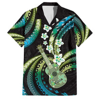 Hawaiian Ukulele Family Matching Summer Maxi Dress and Hawaiian Shirt Chartreuse Cyan Fantastic Plumeria LT01 Dad's Shirt - Short Sleeve Cyan - Polynesian Pride