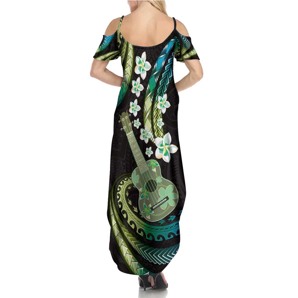 Hawaiian Ukulele Family Matching Summer Maxi Dress and Hawaiian Shirt Chartreuse Cyan Fantastic Plumeria LT01 - Polynesian Pride