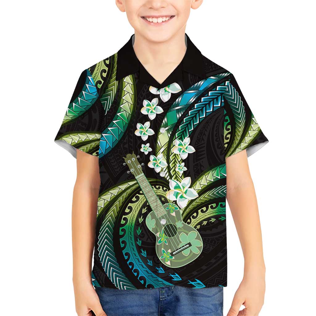 Hawaiian Ukulele Family Matching Summer Maxi Dress and Hawaiian Shirt Chartreuse Cyan Fantastic Plumeria LT01 Son's Shirt Cyan - Polynesian Pride