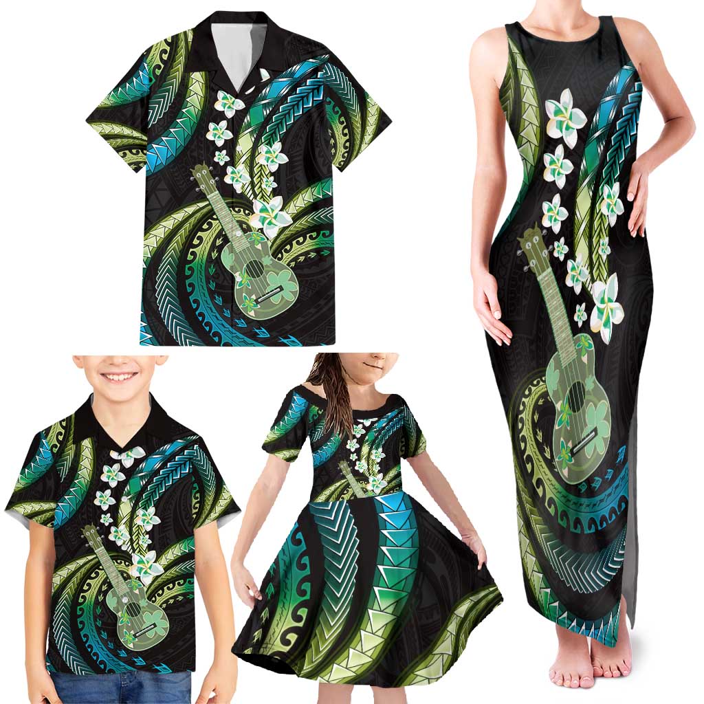 Hawaiian Ukulele Family Matching Tank Maxi Dress and Hawaiian Shirt Chartreuse Cyan Fantastic Plumeria LT01 - Polynesian Pride