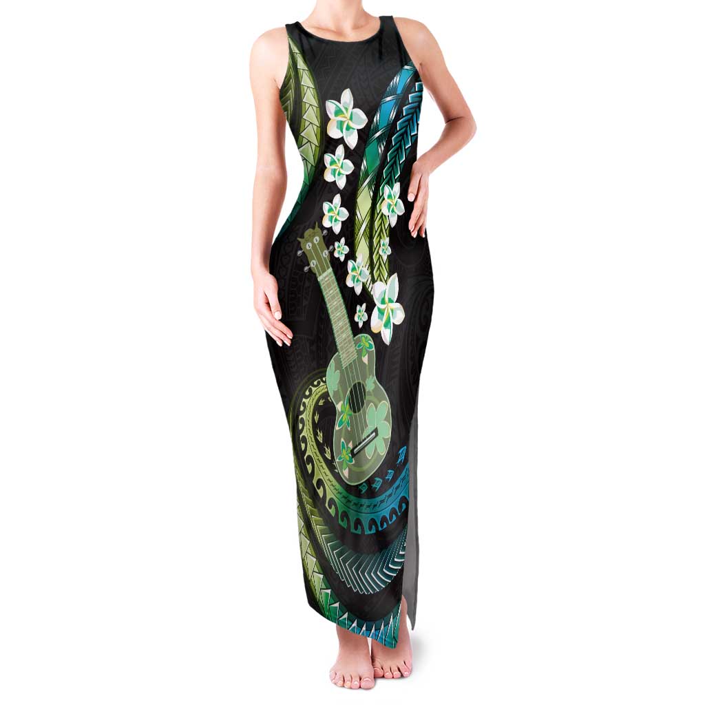 Hawaiian Ukulele Family Matching Tank Maxi Dress and Hawaiian Shirt Chartreuse Cyan Fantastic Plumeria LT01 Mom's Dress Cyan - Polynesian Pride