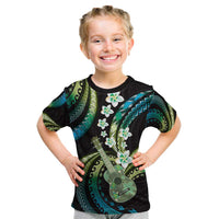 Hawaiian Ukulele Kid T Shirt Chartreuse Cyan Fantastic Plumeria