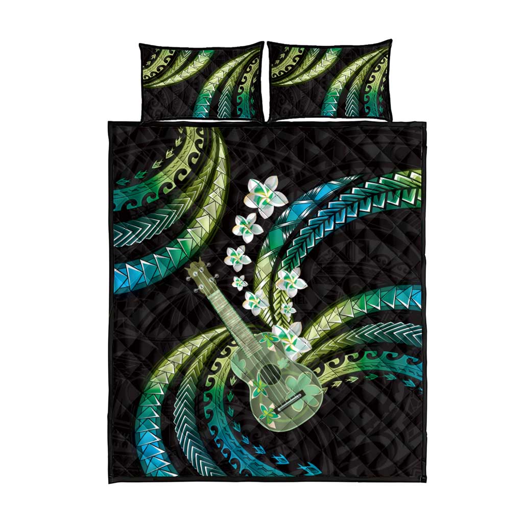 Hawaiian Ukulele Quilt Bed Set Chartreuse Cyan Fantastic Plumeria