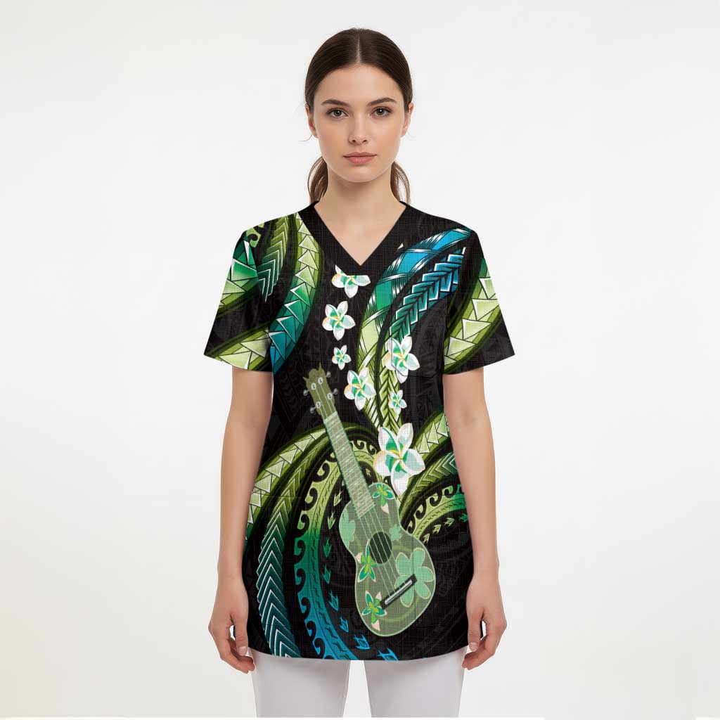 Hawaiian Ukulele Scrub Top Chartreuse Cyan Fantastic Plumeria - Polynesian Pride