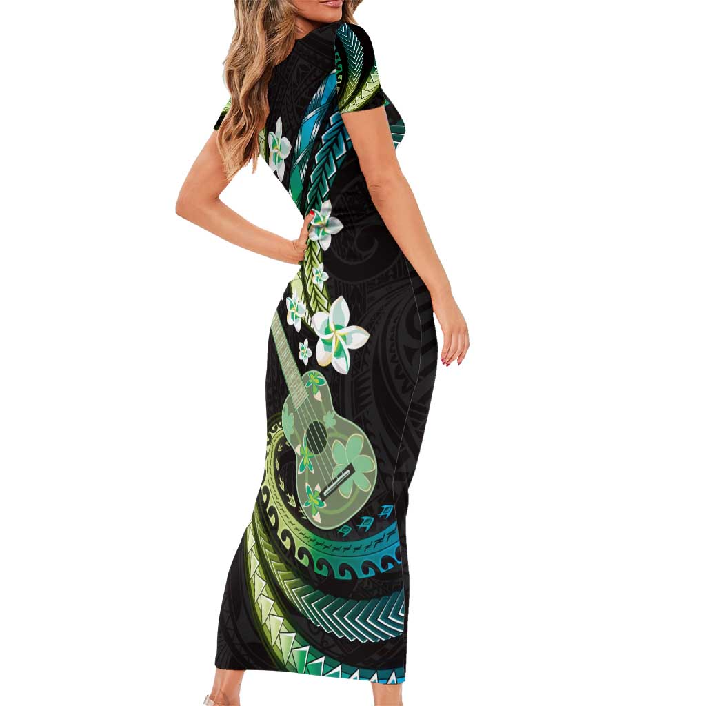 Hawaiian Ukulele Short Sleeve Bodycon Dress Chartreuse Cyan Fantastic Plumeria