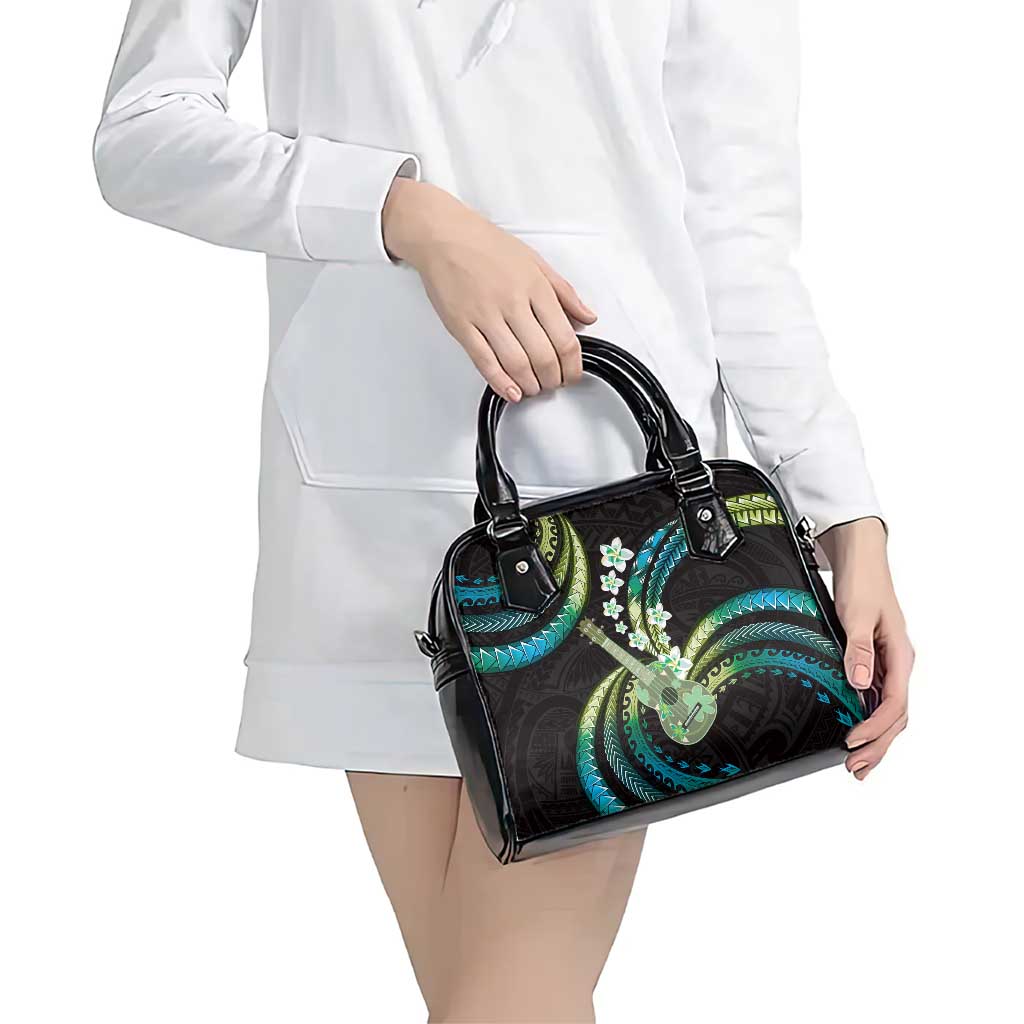 Hawaiian Ukulele Shoulder Handbag Chartreuse Cyan Fantastic Plumeria