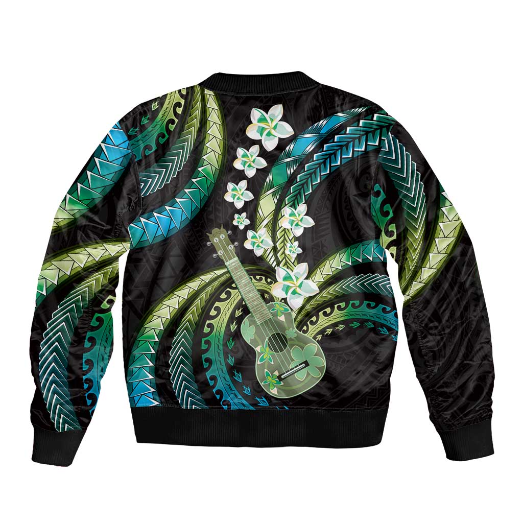 Hawaiian Ukulele Sleeve Zip Bomber Jacket Chartreuse Cyan Fantastic Plumeria