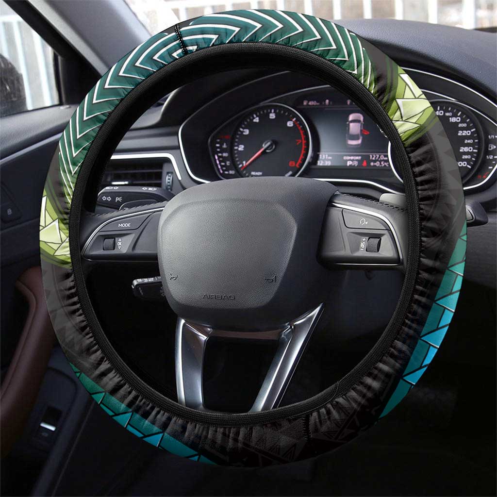 Hawaiian Ukulele Steering Wheel Cover Chartreuse Cyan Fantastic Plumeria