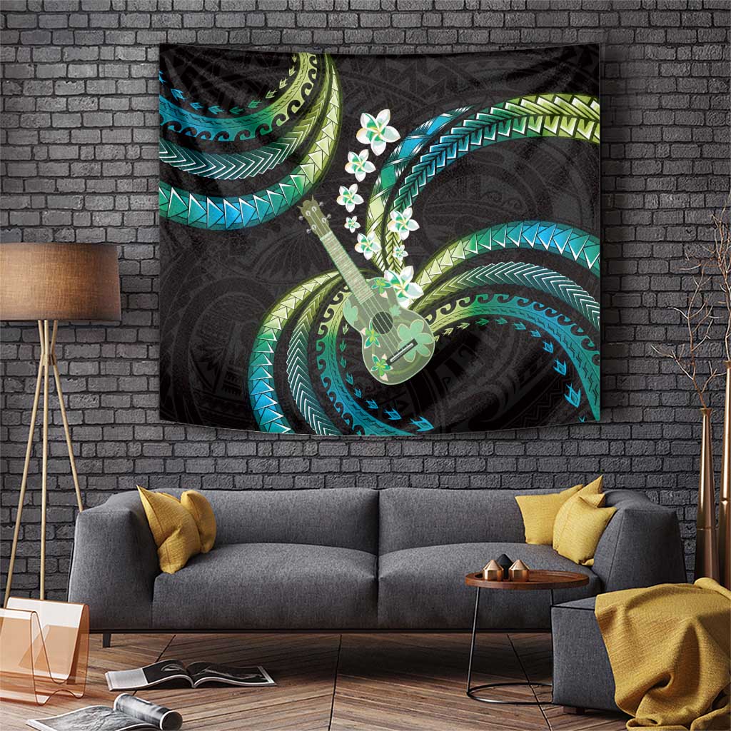 Hawaiian Ukulele Tapestry Chartreuse Cyan Fantastic Plumeria