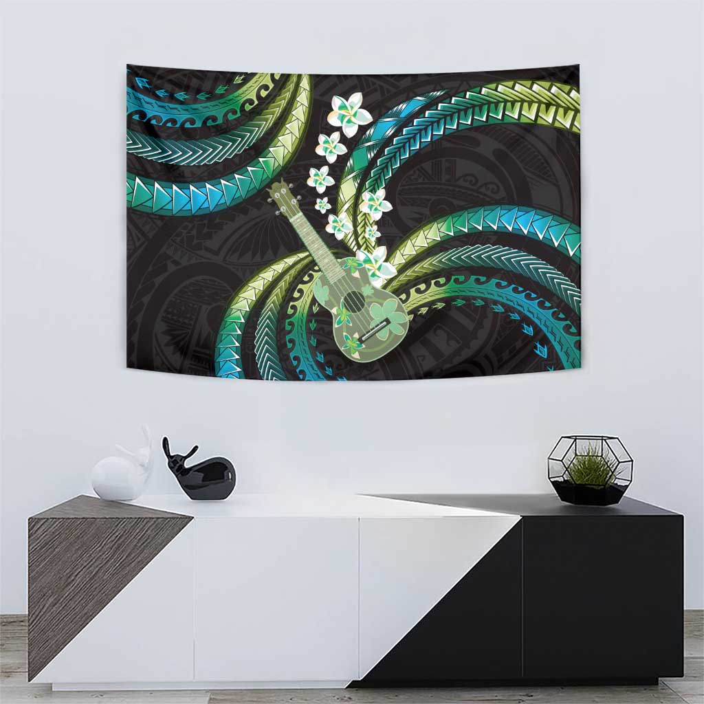 Hawaiian Ukulele Tapestry Chartreuse Cyan Fantastic Plumeria