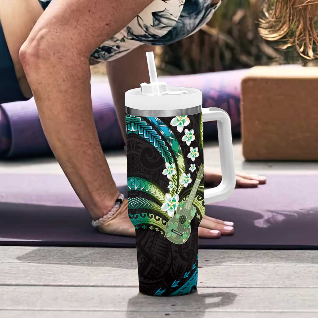 Hawaiian Ukulele Tumbler With Handle Chartreuse Cyan Fantastic Plumeria