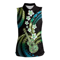 Hawaiian Ukulele Women Sleeveless Polo Shirt Chartreuse Cyan Fantastic Plumeria LT01 Female Cyan - Polynesian Pride