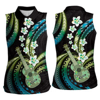 Hawaiian Ukulele Women Sleeveless Polo Shirt Chartreuse Cyan Fantastic Plumeria LT01 - Polynesian Pride