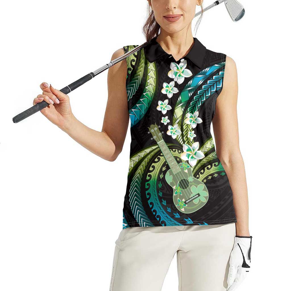 Hawaiian Ukulele Women Sleeveless Polo Shirt Chartreuse Cyan Fantastic Plumeria LT01 - Polynesian Pride