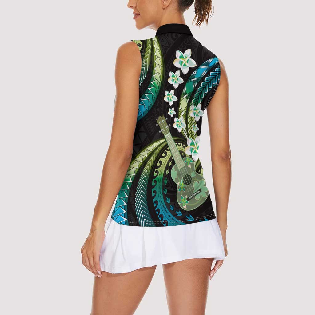 Hawaiian Ukulele Women Sleeveless Polo Shirt Chartreuse Cyan Fantastic Plumeria LT01 - Polynesian Pride