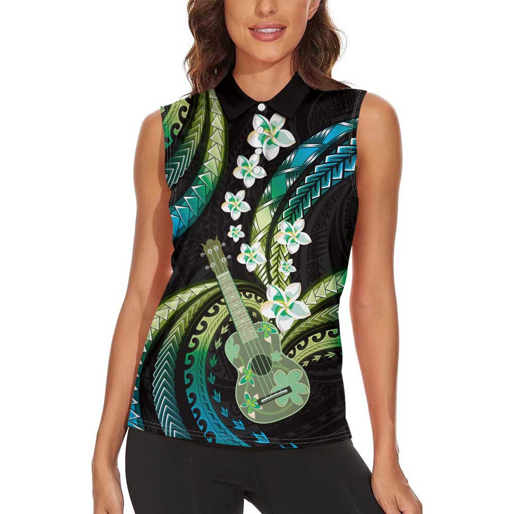Hawaiian Ukulele Women Sleeveless Polo Shirt Chartreuse Cyan Fantastic Plumeria LT01 - Polynesian Pride