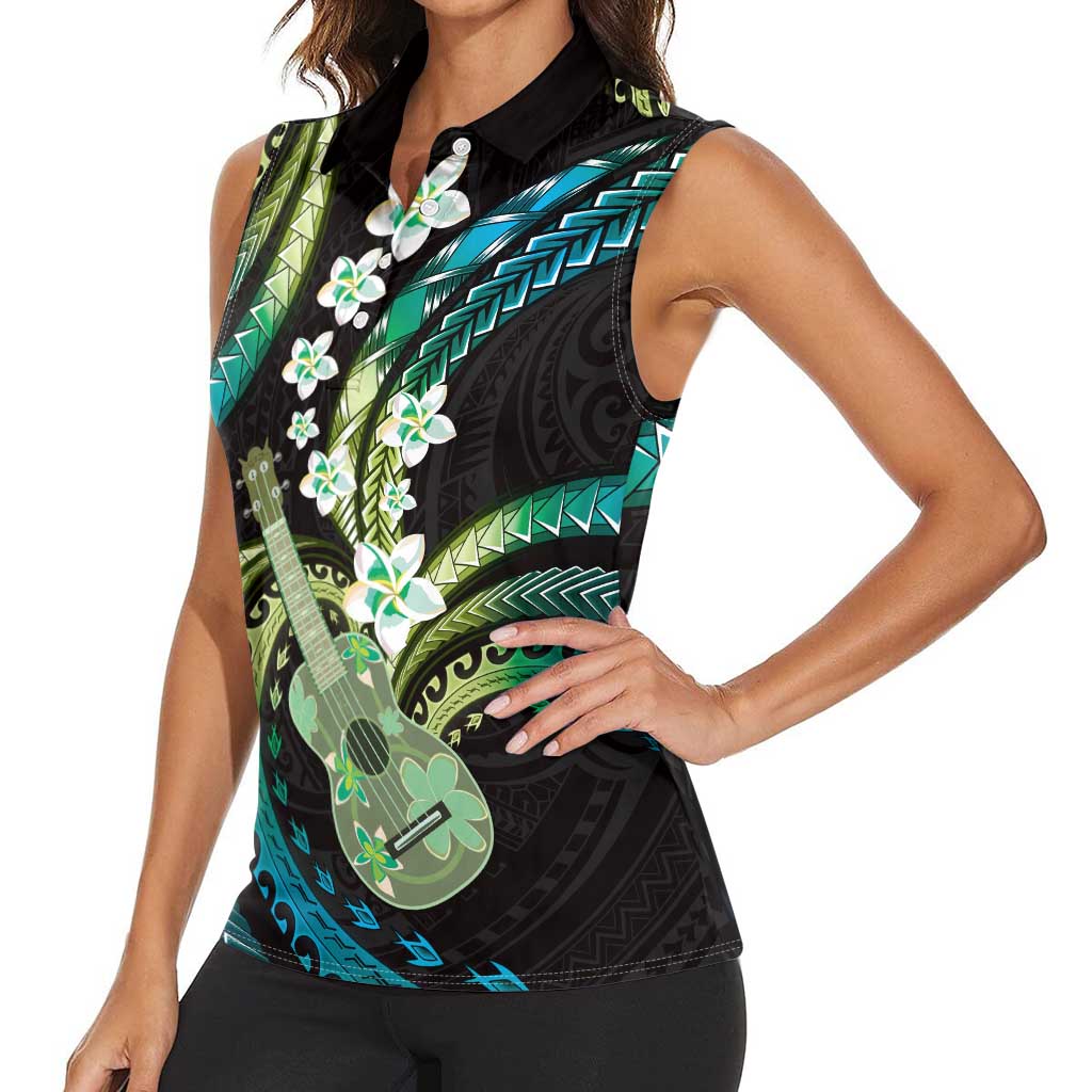 Hawaiian Ukulele Women Sleeveless Polo Shirt Chartreuse Cyan Fantastic Plumeria LT01 - Polynesian Pride