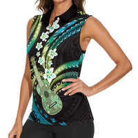 Hawaiian Ukulele Women Sleeveless Polo Shirt Chartreuse Cyan Fantastic Plumeria LT01 - Polynesian Pride