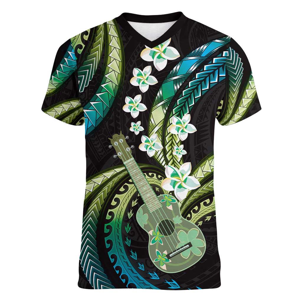 Hawaiian Ukulele Women V-Neck T-Shirt Chartreuse Cyan Fantastic Plumeria LT01 Female Cyan - Polynesian Pride
