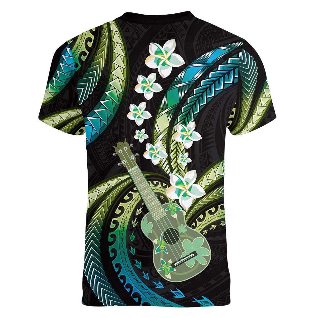 Hawaiian Ukulele Women V-Neck T-Shirt Chartreuse Cyan Fantastic Plumeria LT01 - Polynesian Pride