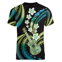 Hawaiian Ukulele Women V-Neck T-Shirt Chartreuse Cyan Fantastic Plumeria LT01 - Polynesian Pride
