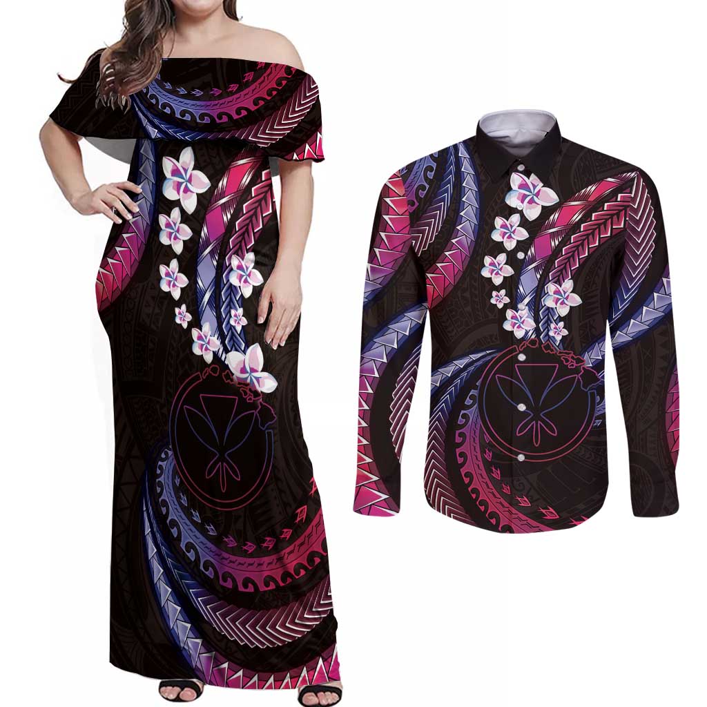 Hawaii Map Kanaka Maoli Couples Matching Off Shoulder Maxi Dress and Long Sleeve Button Shirt Fantastic Frangipani Sweet Dream LT01 Pink - Polynesian Pride