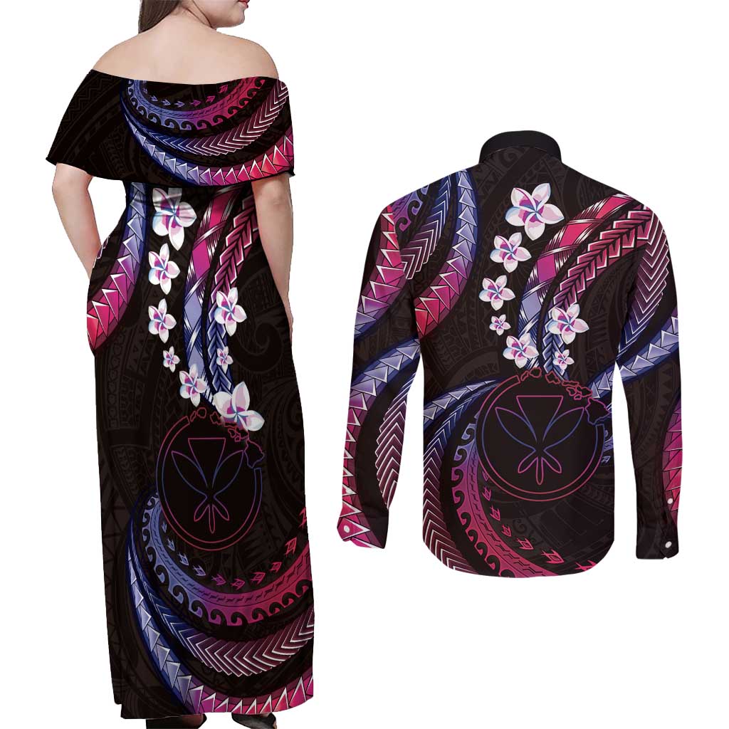 Hawaii Map Kanaka Maoli Couples Matching Off Shoulder Maxi Dress and Long Sleeve Button Shirt Fantastic Frangipani Sweet Dream LT01 - Polynesian Pride