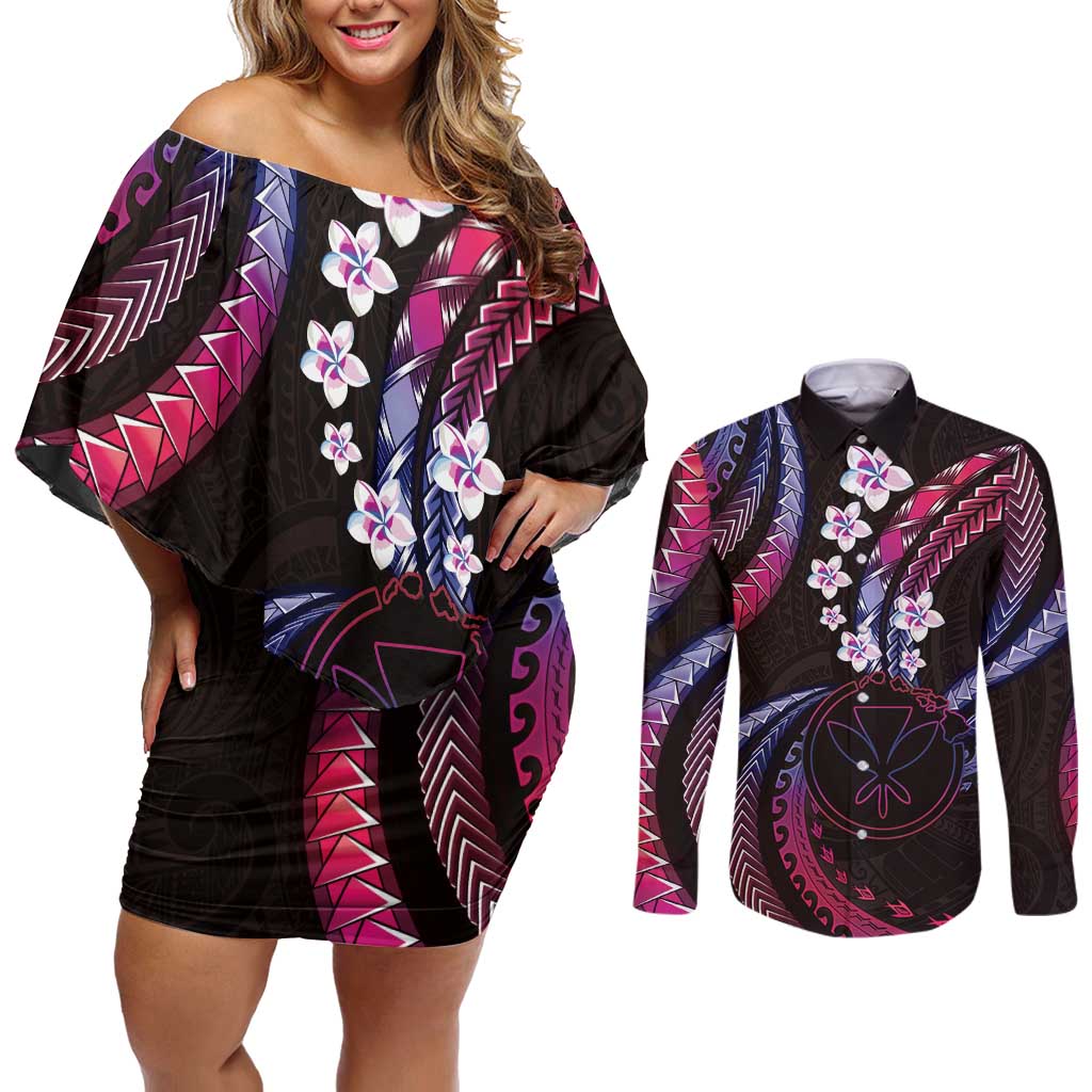 Hawaii Map Kanaka Maoli Couples Matching Off Shoulder Short Dress and Long Sleeve Button Shirt Fantastic Frangipani Sweet Dream LT01 Pink - Polynesian Pride