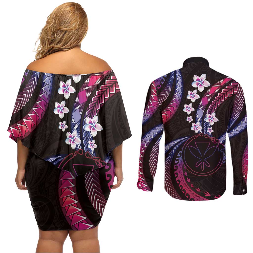 Hawaii Map Kanaka Maoli Couples Matching Off Shoulder Short Dress and Long Sleeve Button Shirt Fantastic Frangipani Sweet Dream LT01 - Polynesian Pride