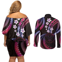 Hawaii Map Kanaka Maoli Couples Matching Off Shoulder Short Dress and Long Sleeve Button Shirt Fantastic Frangipani Sweet Dream LT01 - Polynesian Pride