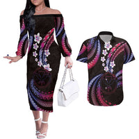 Hawaii Map Kanaka Maoli Couples Matching Off The Shoulder Long Sleeve Dress and Hawaiian Shirt Fantastic Frangipani Sweet Dream LT01 Pink - Polynesian Pride