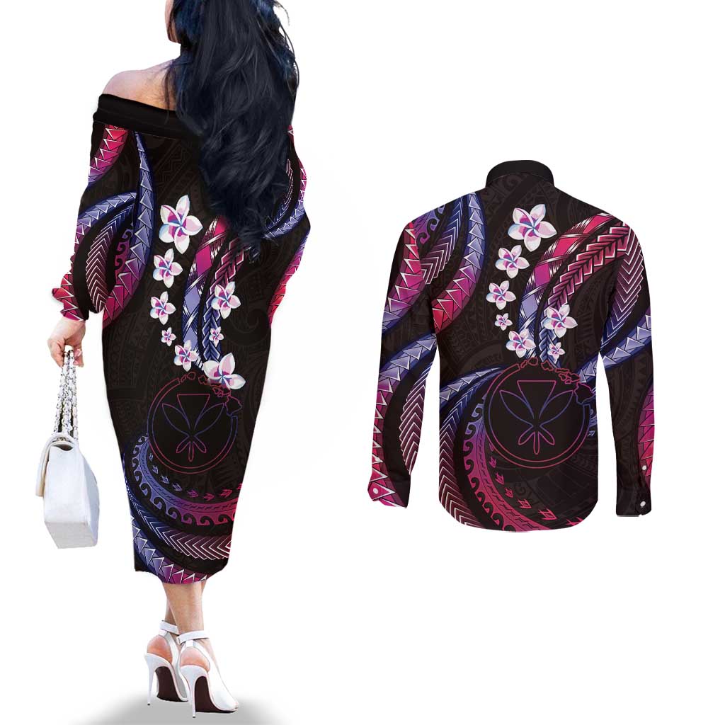 Hawaii Map Kanaka Maoli Couples Matching Off The Shoulder Long Sleeve Dress and Long Sleeve Button Shirt Fantastic Frangipani Sweet Dream LT01 - Polynesian Pride