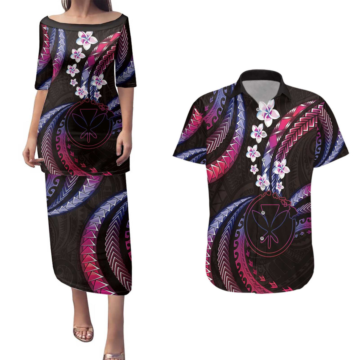 Hawaii Map Kanaka Maoli Couples Matching Puletasi and Hawaiian Shirt Fantastic Frangipani Sweet Dream LT01 Pink - Polynesian Pride