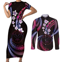 Hawaii Map Kanaka Maoli Couples Matching Short Sleeve Bodycon Dress and Long Sleeve Button Shirt Fantastic Frangipani Sweet Dream LT01 Pink - Polynesian Pride