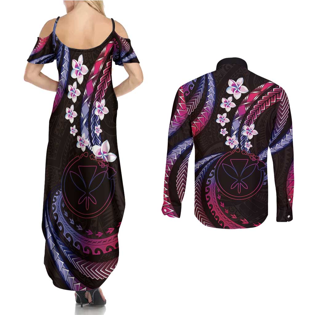 Hawaii Map Kanaka Maoli Couples Matching Summer Maxi Dress and Long Sleeve Button Shirt Fantastic Frangipani Sweet Dream LT01 - Polynesian Pride