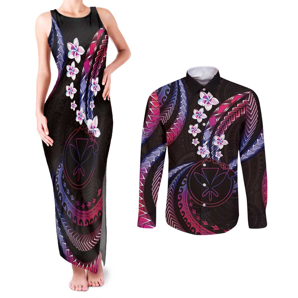 Hawaii Map Kanaka Maoli Couples Matching Tank Maxi Dress and Long Sleeve Button Shirt Fantastic Frangipani Sweet Dream LT01 Pink - Polynesian Pride