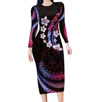 Hawaii Map Kanaka Maoli Long Sleeve Bodycon Dress Fantastic Frangipani Sweet Dream LT01 Long Dress Pink - Polynesian Pride