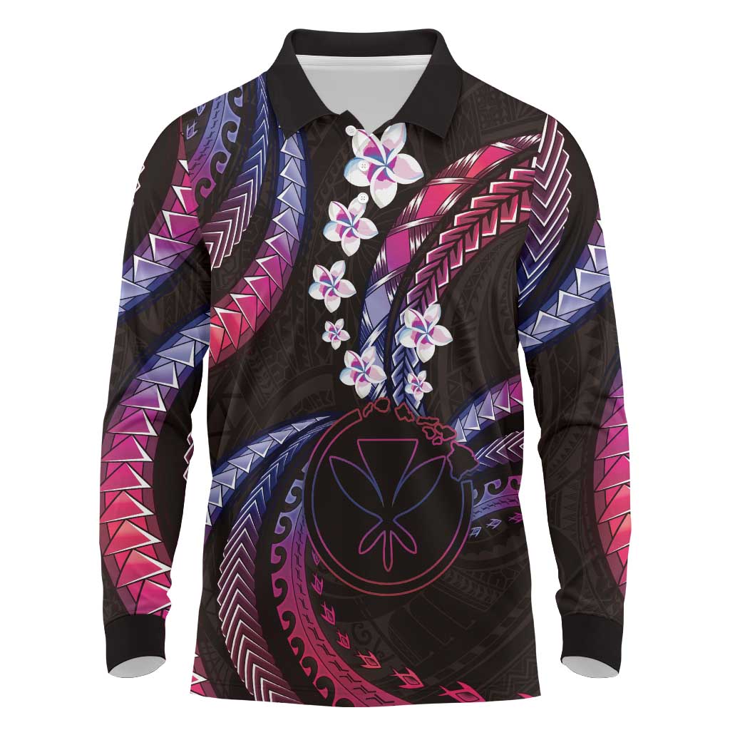 Hawaii Map Kanaka Maoli Long Sleeve Polo Shirt Fantastic Frangipani Sweet Dream LT01 Pink - Polynesian Pride