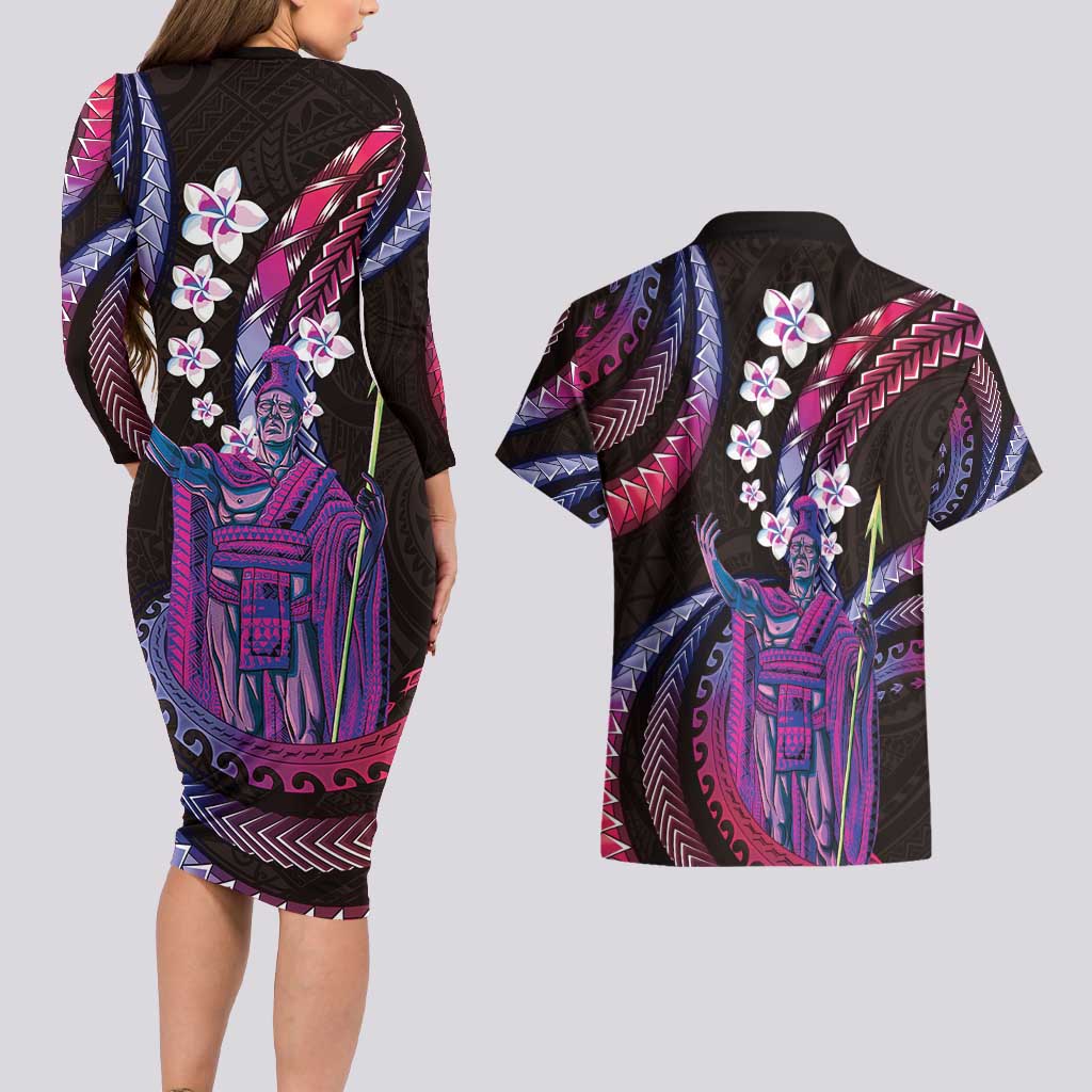 Hawaii King Kamehameha Couples Matching Long Sleeve Bodycon Dress and Hawaiian Shirt Fantastic Plumeria Sweet Vibes LT01 - Polynesian Pride