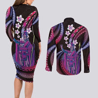 Hawaii King Kamehameha Couples Matching Long Sleeve Bodycon Dress and Long Sleeve Button Shirt Fantastic Plumeria Sweet Vibes LT01 - Polynesian Pride