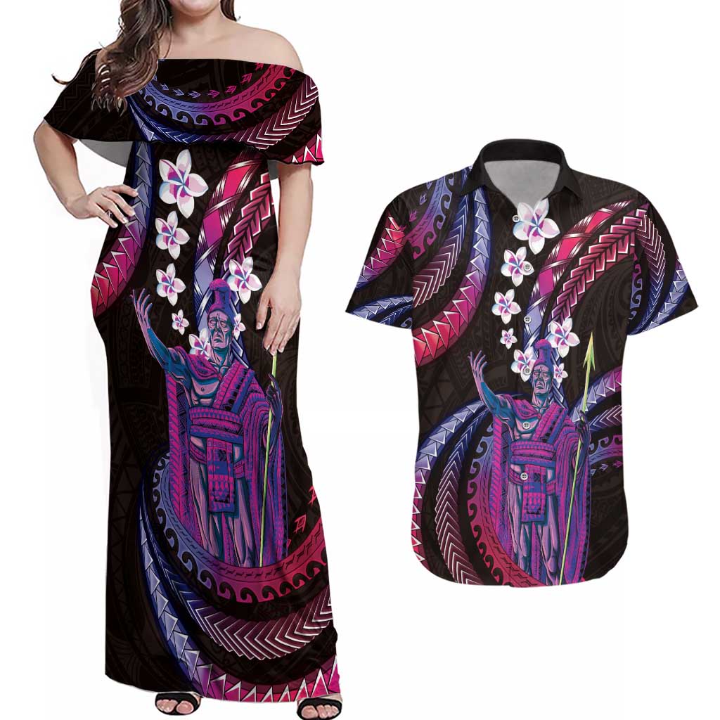 Hawaii King Kamehameha Couples Matching Off Shoulder Maxi Dress and Hawaiian Shirt Fantastic Plumeria Sweet Vibes LT01 Pink - Polynesian Pride