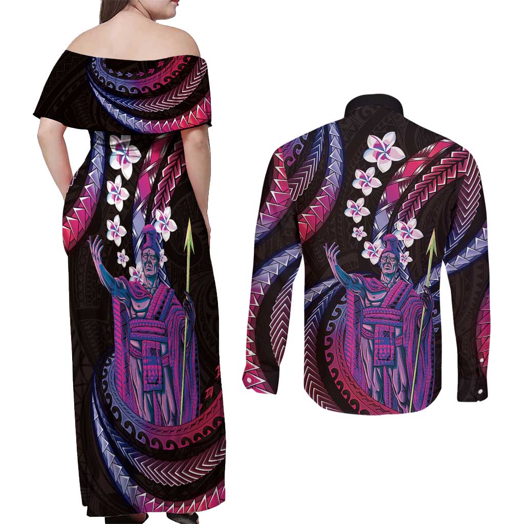 Hawaii King Kamehameha Couples Matching Off Shoulder Maxi Dress and Long Sleeve Button Shirt Fantastic Plumeria Sweet Vibes LT01 - Polynesian Pride